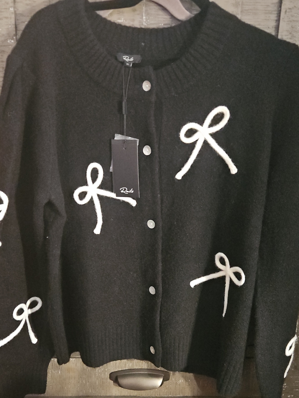 Rails Black Cardigan with White Bow Appliqués
